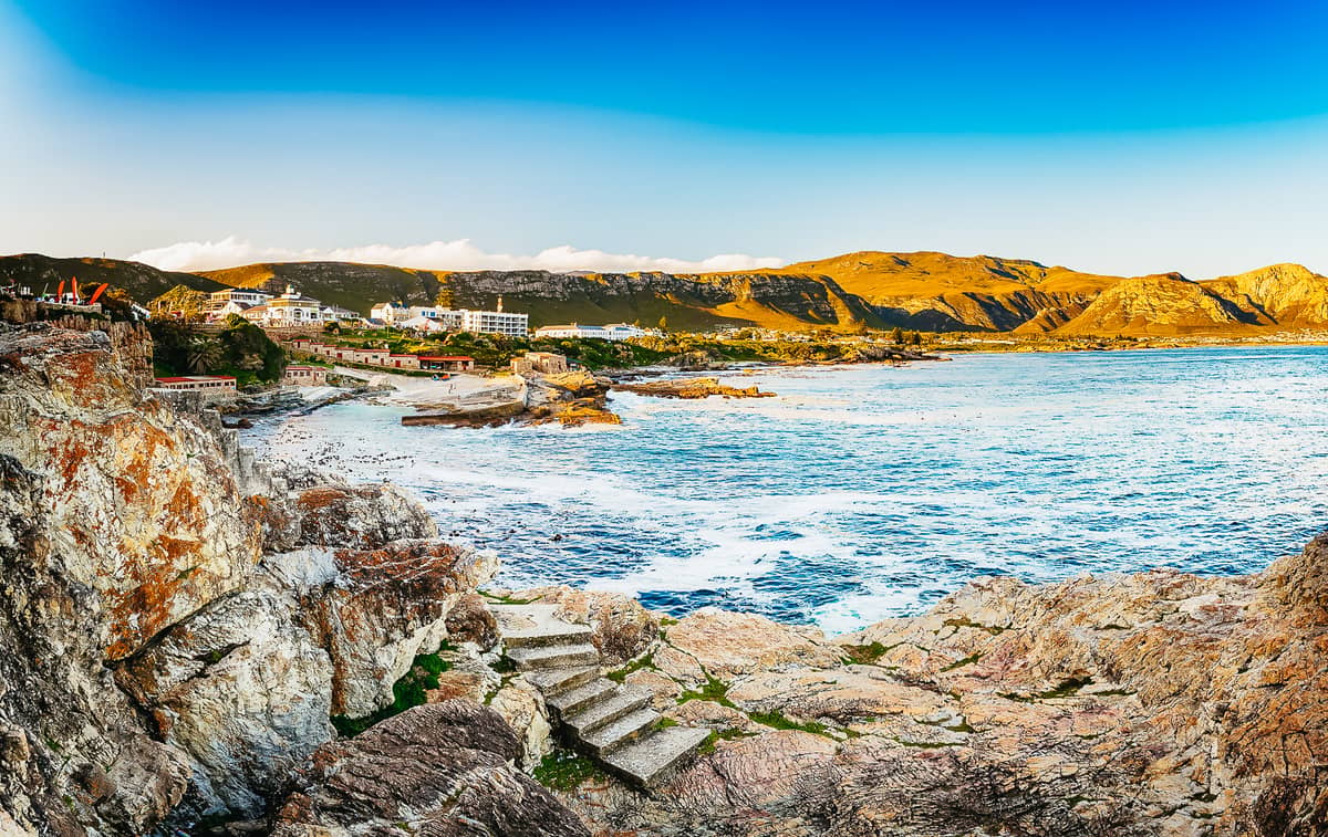 The rocky coast of Hermanus with steps to the sea