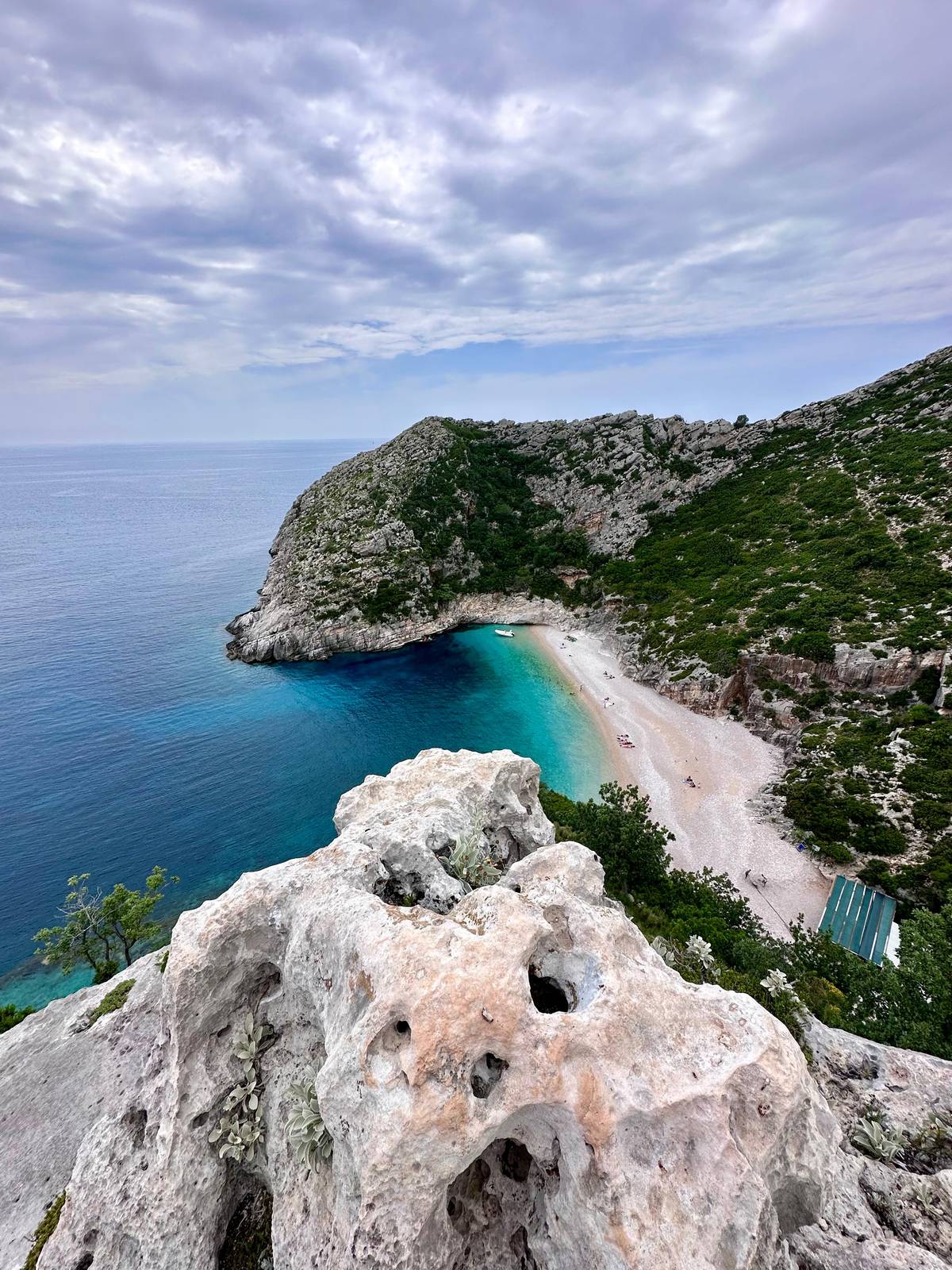 A pebble bay below wooded slopes, seen from the cliffs above