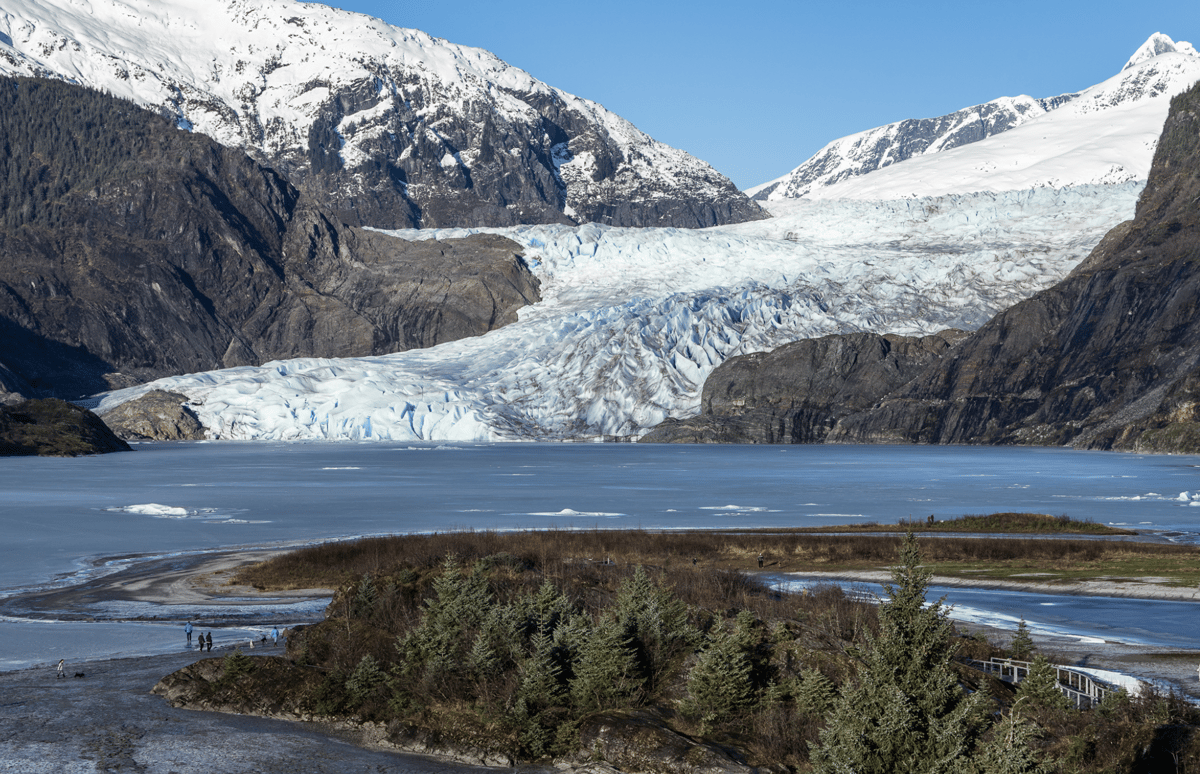 The glacier and lake on a clear day