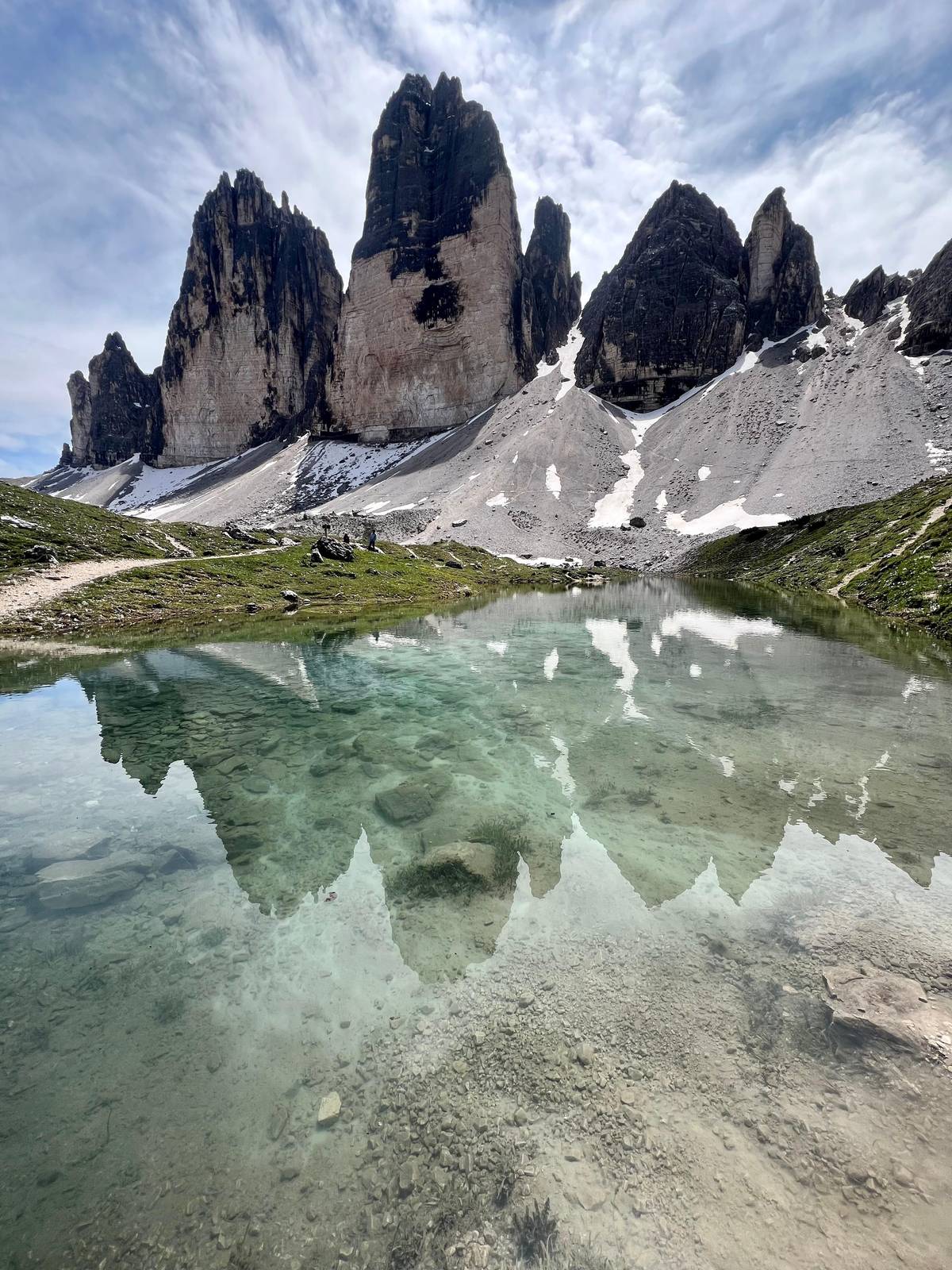 The peaks mirrored in a shallow lake