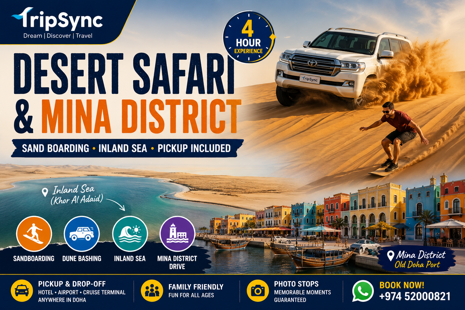 Doha: Desert Safari with Sandboarding and Mina District Tour