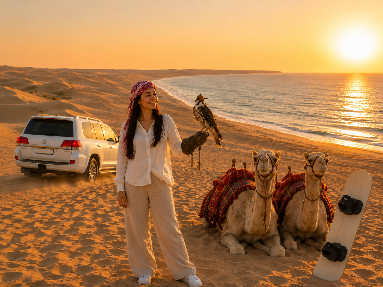 Doha InlandSea Desert Tour with Camels,Falcon & SandBoarding