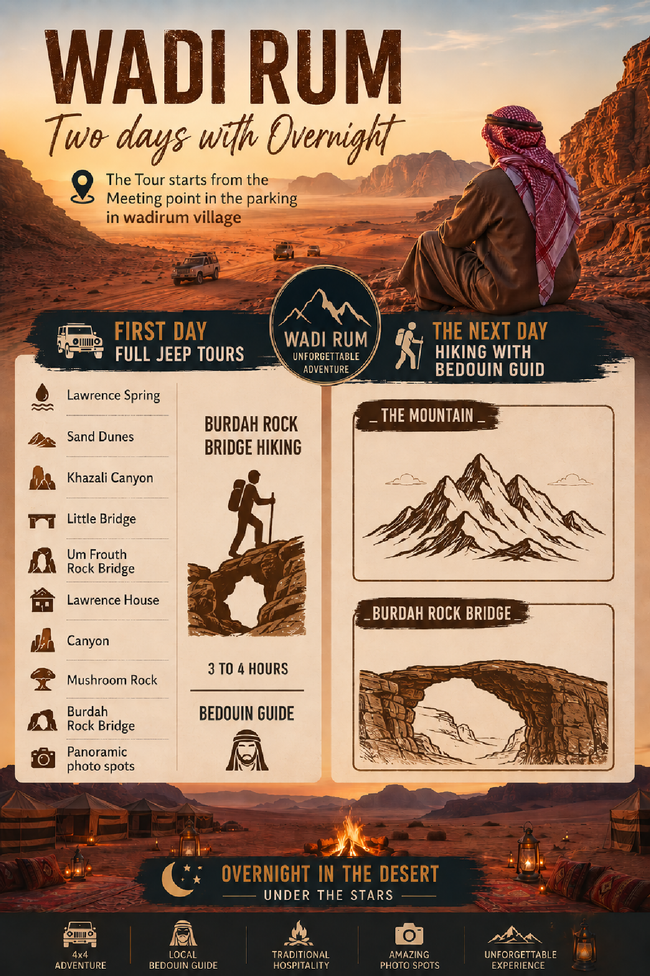 Wadi Rum: 2-Day Desert Tour with Camp Stay & Meals