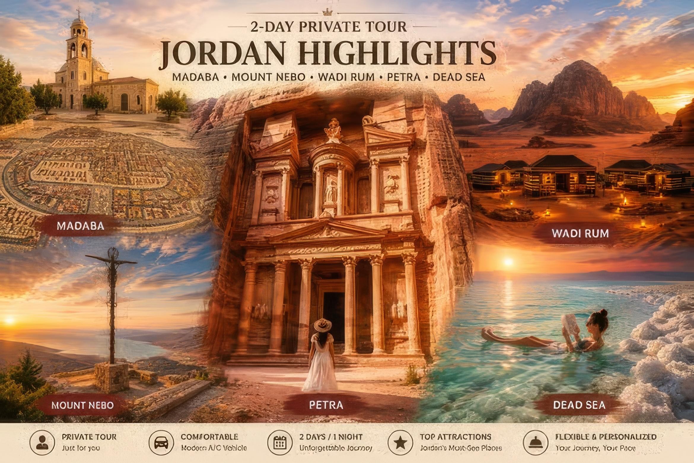 2-Day Tour: Madaba, Mount Nebo, Wadi Rum, Petra, Dead Sea