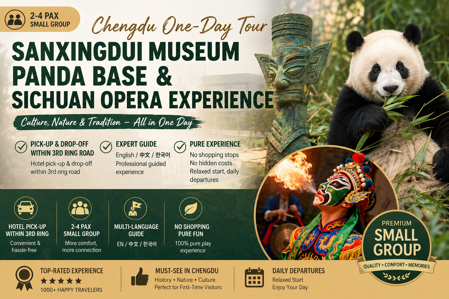 Chengdu: Sanxingdui Museum, Panda Base & Opera Tour