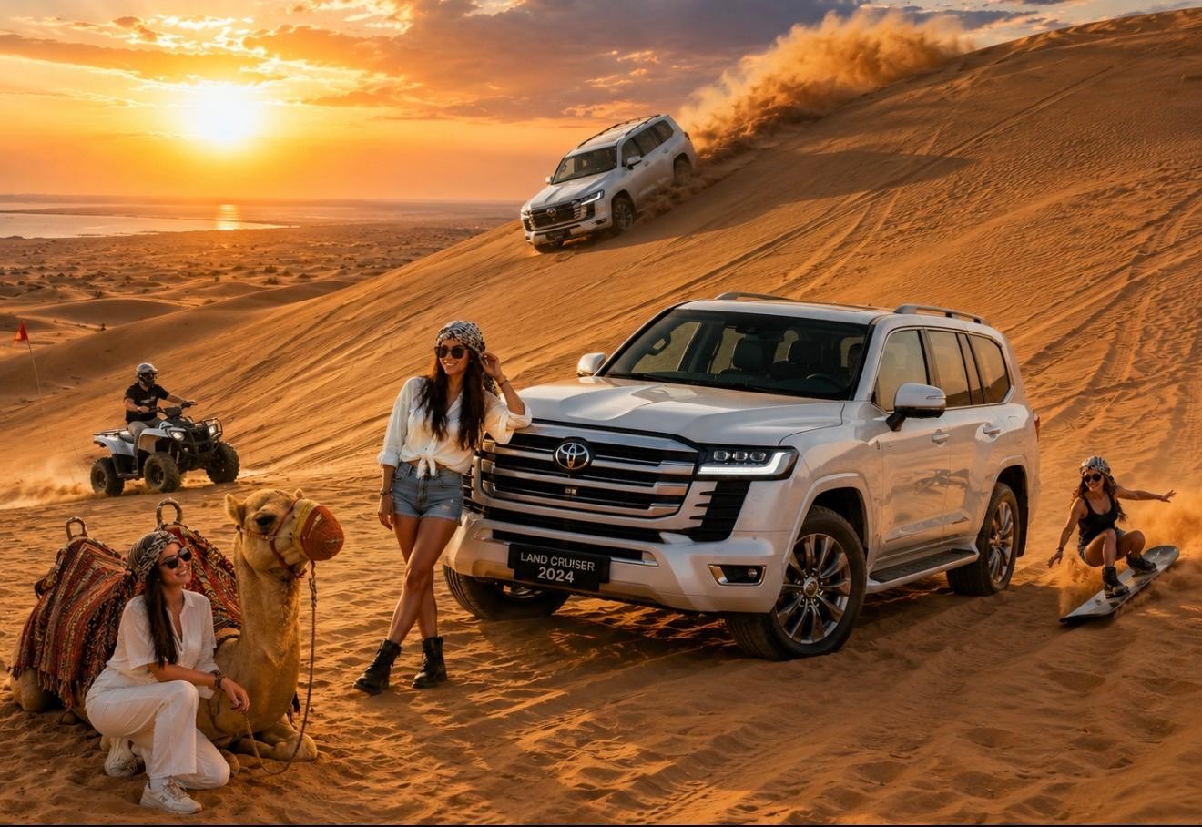 Desert safari, Dune bashing, sandboarding, camel, ATV Option