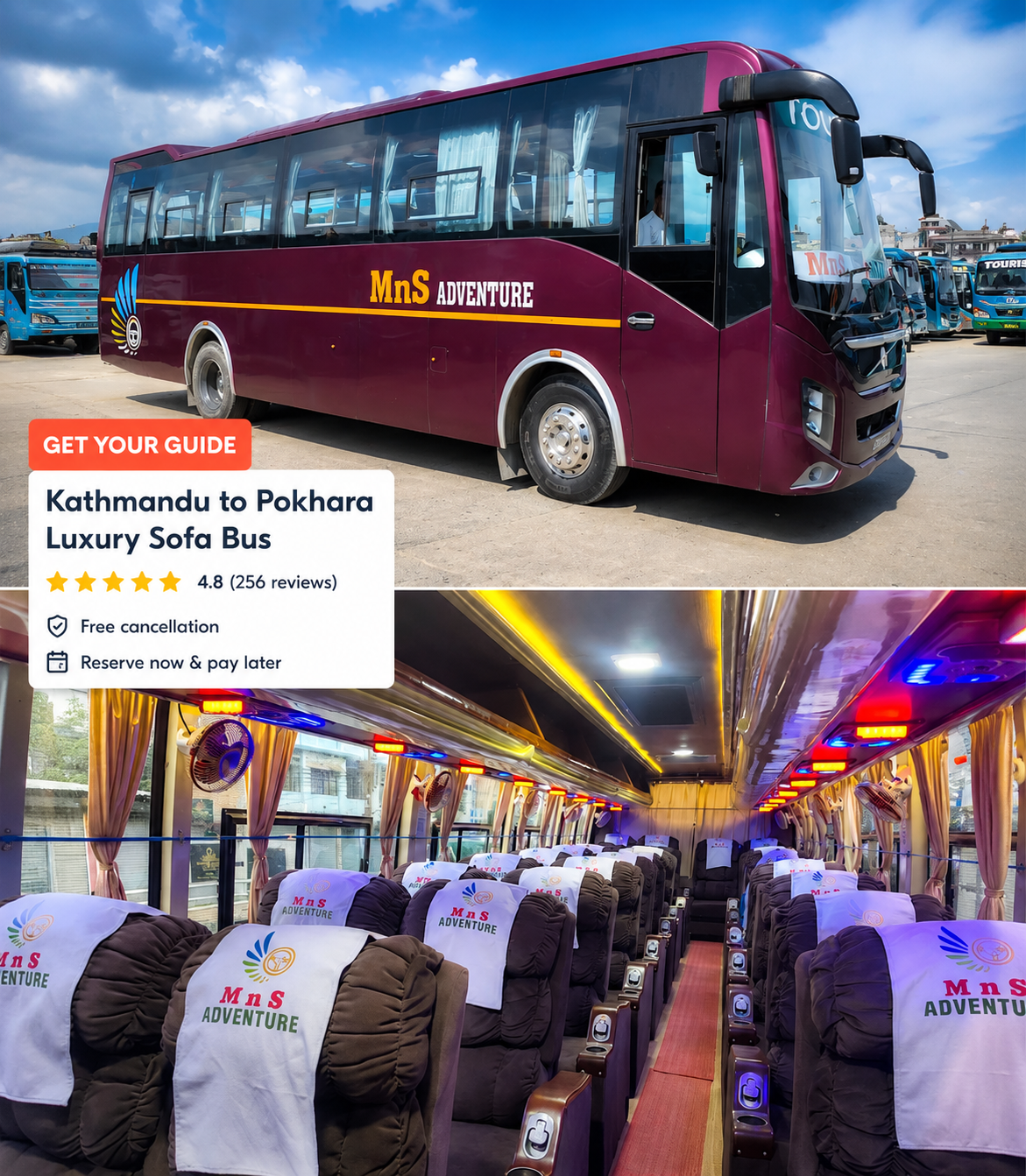 From Kathmandu: Transfer to Pokhara by MNS VIP Sofa Bus