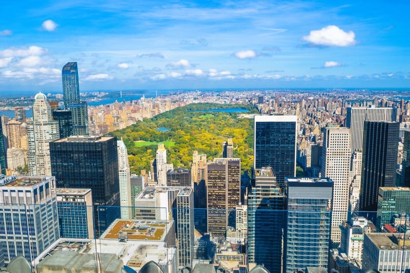 Central Park from the deck on a clear day, the green running north between the Upper East and Upper West Side