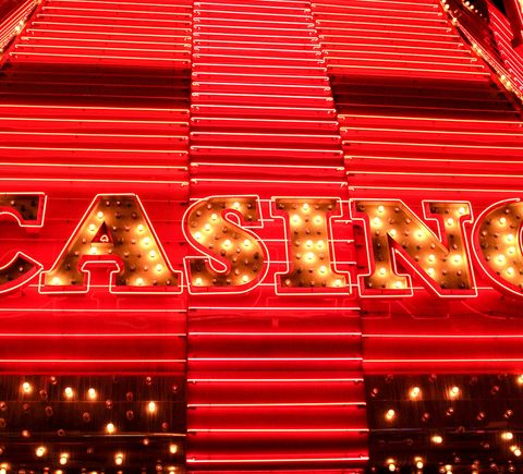 Las Vegas Playing Cards, Two large red dice on each side with the Vegas  sign right in the middle.