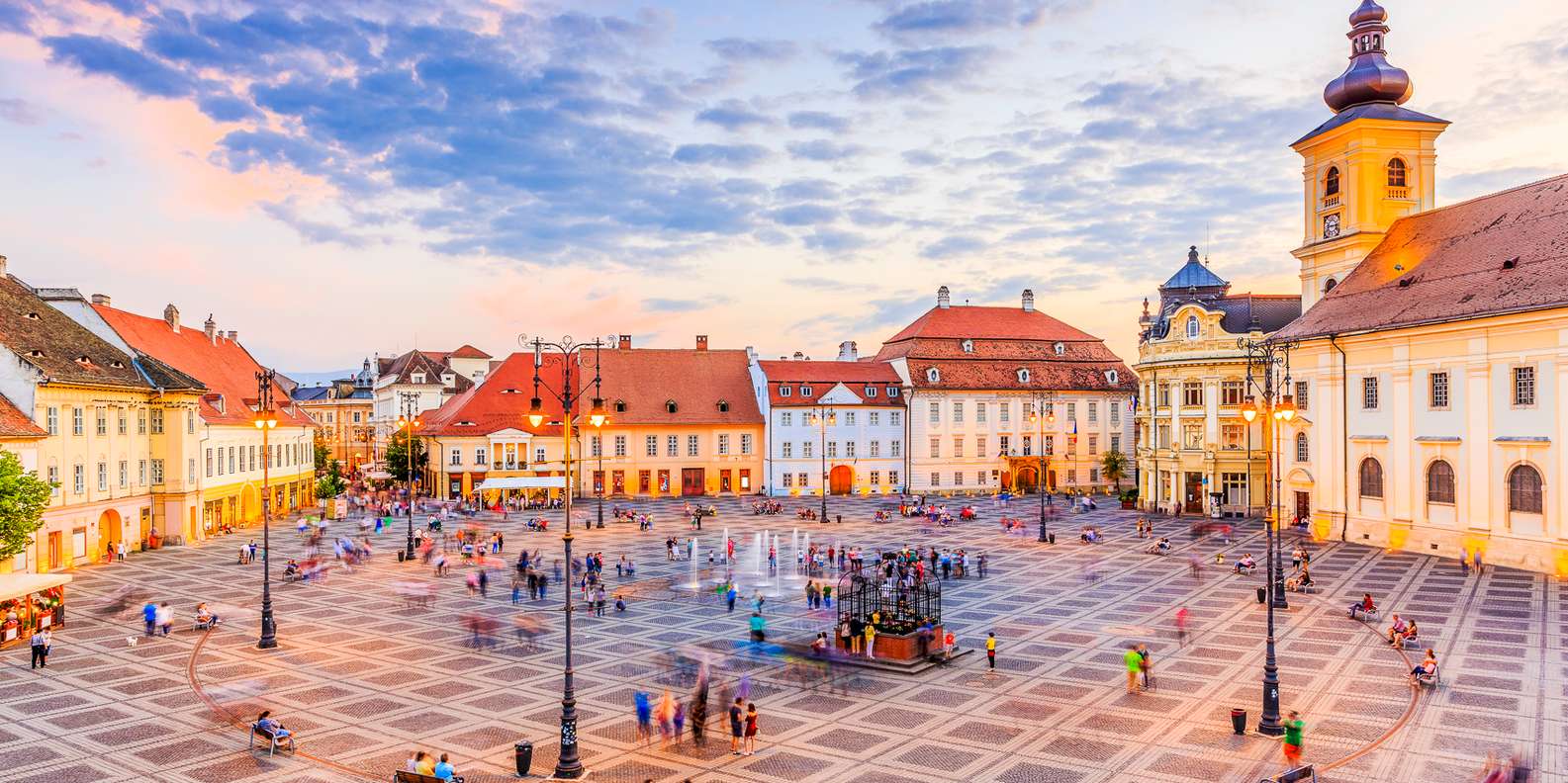 view of a typical street in the center of romanian city sibiu