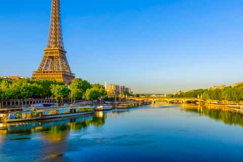 Wide view of the Seine River with Paris landmarks