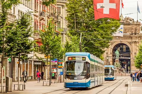 Bahnhofstrasse in Zurich, Switzerland, main downtown street in t Bath Towel