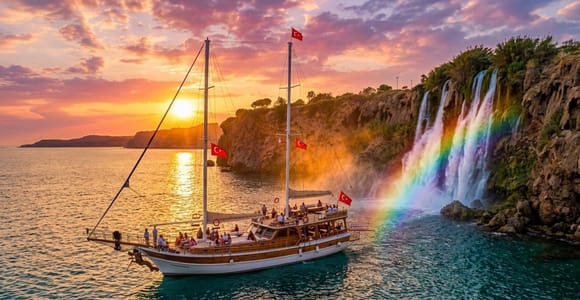 From Antalya: Sunset Boat Tour to Duden Waterfall