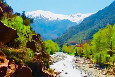 Balade à dos de chameau dans le désert d'Agafay et vallée de l'Ourika dans les montagnes de l'Atlas.