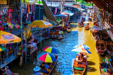 Desde Bangkok: Tour de un día completo por los Mercados Flotantes y del Tren de DamneonTour privado con guía-conductor-conocedor y 1 h de paseo en barco