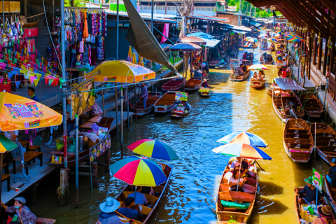 Au départ de Bangkok : Visite d'une jounée des marchés flottants et ferroviaires de DamneonTour privée avec chauffeur-guide de Knowleagble & 1 heure de bateau