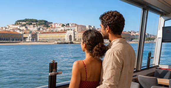 A couple standing at the window of a boat's glassed-in saloon, looking out at the Praça do Comércio and the castle hill behind it