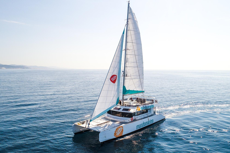 Málaga: Catamarán a Vela con Natación y Almuerzo de PaellaCatamarán con baño, almuerzo y asientos en la red