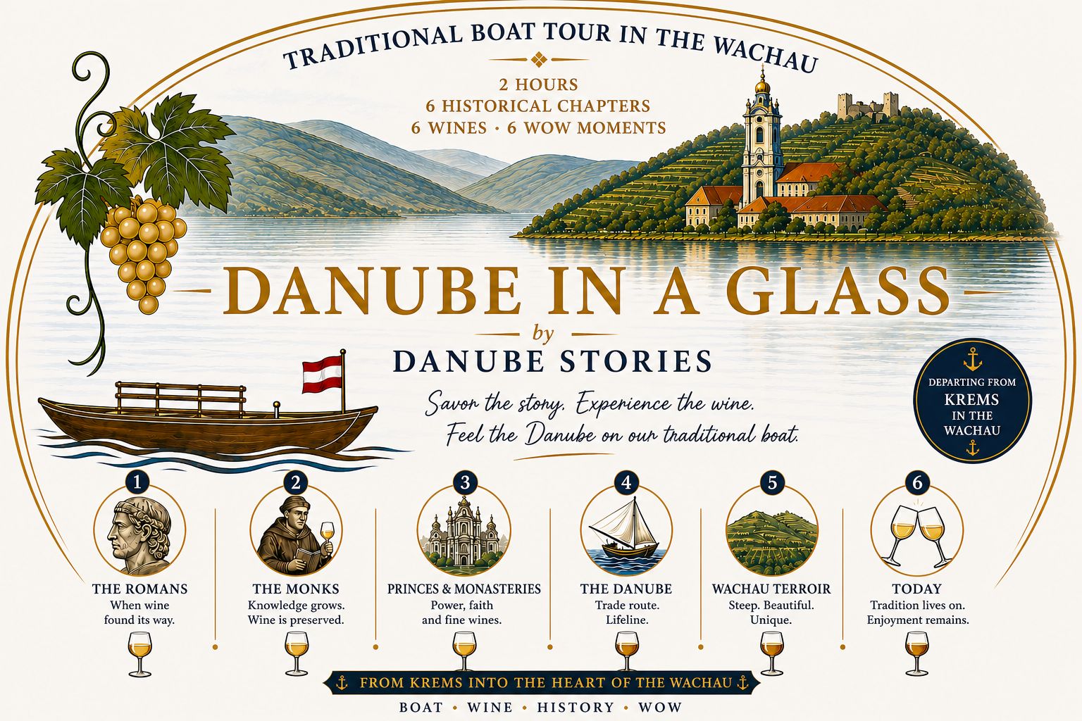 Krems: Weinprobe in der Wachau, historische Bootstour auf der Donau