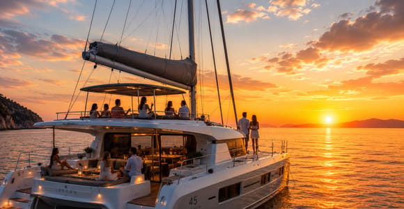 Rhodes: Sunset Catamaran Cruise with Snack, Fruits & Drinks