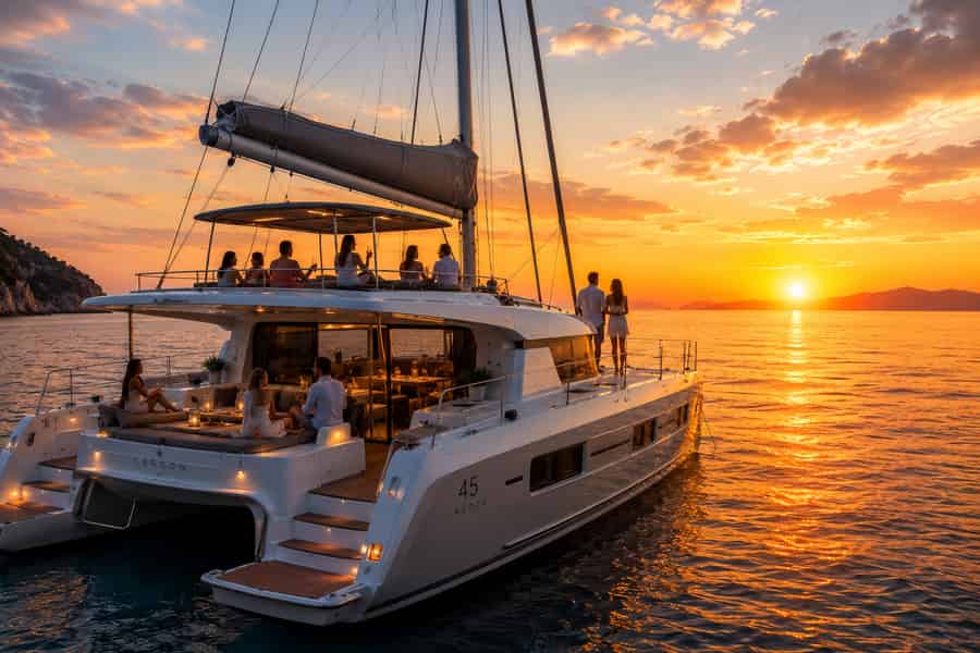 Rhodos: Katamaranfahrt bei Sonnenuntergang mit Snack, Obst und Getränken. Foto: GetYourGuide