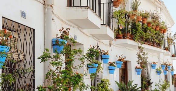 White house wall with blue flowerpots along a village lane