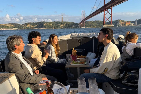 Lisbon Sunset Luxury Boat Vibes with Drinks & Pizza Lisbon Luxury Cozy Cruise with Drinks & Pizza