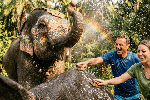 Jaipur Elephant Magic: Paint, Feed & Ride Tour with Pickup All Elephant Activity Riding, Feeding, Painting, Climbing