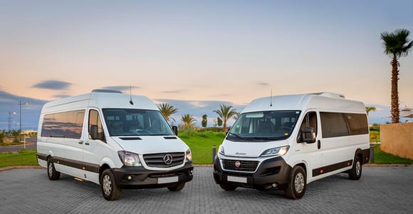 Two white minibuses parked side by side on a paved forecourt, palm trees behind them in the evening light
