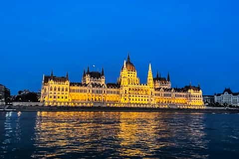 Daytime Danube sightseeing cruise passing Budapest landmarks