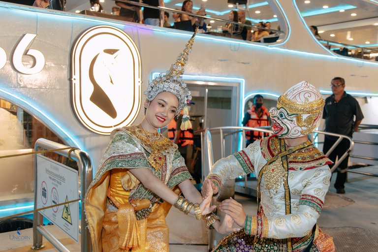 Bangkok Chao Phraya Cruise with Luxury Buffet & Open Deck Private Transfer |Wat Paknam+Chao Phraya Night Cruise Buffet