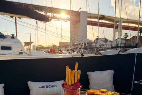 Lisbon Sunset Luxury Boat Vibes with Drinks & Pizza Lisbon Luxury Cozy Cruise with Drinks & Pizza