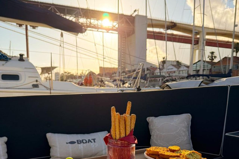 Lisbon Sunset Luxury Boat Vibes with Drinks & Pizza Lisbon Luxury Cozy Cruise with Drinks & Pizza