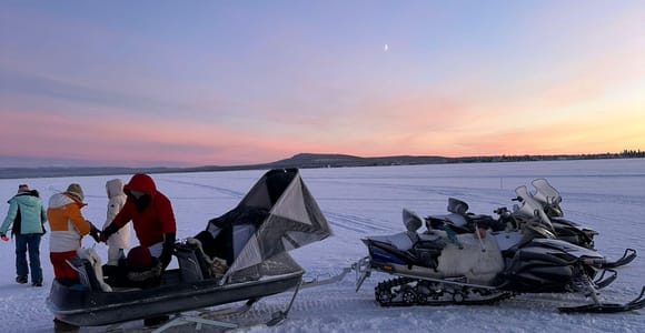 Kiruna: Snow sled tour for families, warm overalls provided.