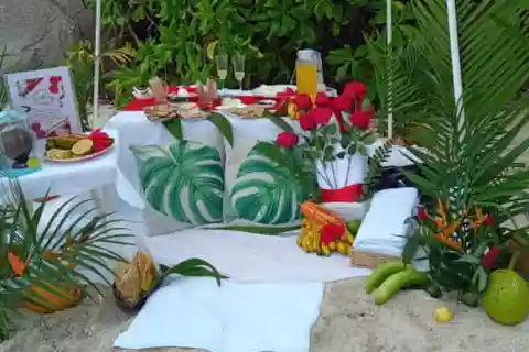 Romantic Picnic by the seashore of Seychelles.