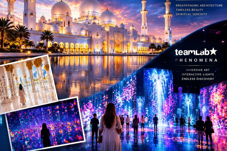 Abu Dhabi: Blue Mosque & teamLab Phenomena Tour with Entry Abudhabi: Full Day Premium Pass Tour With 24K Gold Coffee