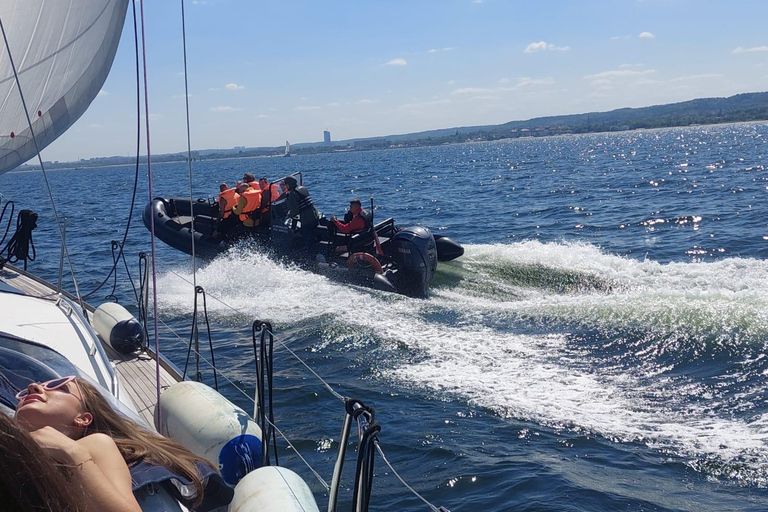 Speed boat at the end of the pier in Sopot. Speed 100 km/h