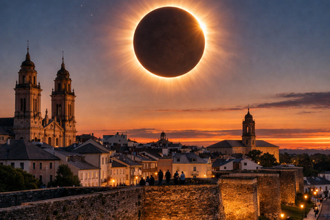 Solar Eclipse in Galicia with Lugo and Roman Wall from Santiago