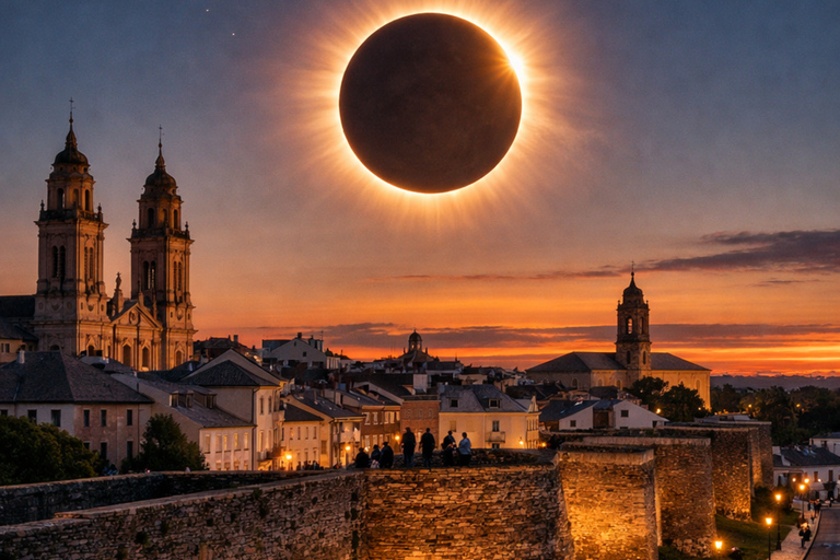Solar Eclipse in Galicia with Lugo and Roman Wall from Santiago