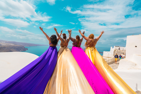 Santorini: Flying Dress Photoshoot with Pickup and Reels Small Group (2 - 4 Participants)