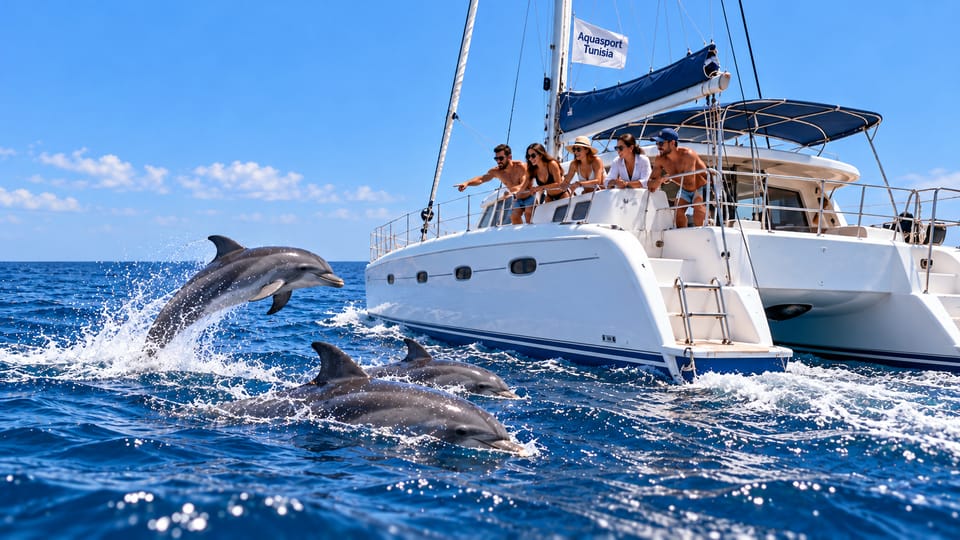 A white catamaran with people on deck and three dolphins surfacing in the blue water in front of it