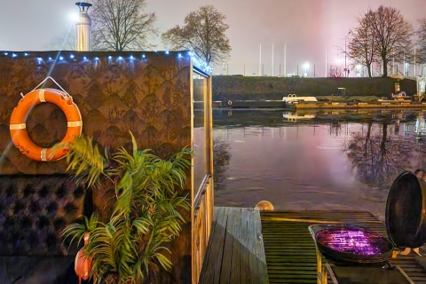 Riga: Floating sauna in Daugava river Riga at night: Floating sauna in Daugava river, 10h