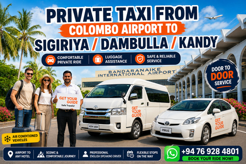 Colombo Airport: Private Transfer to Sigiriya/Dambulla/Kandy Private Car with Driver – Up to 50 km