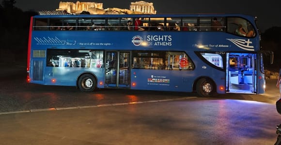 Athens panoramic tour by night with open double decker bus