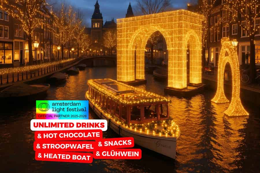 Amsterdam: Beheizte Bootsfahrt zum Lichterfest + Heißgetränke & Snack. Foto: GetYourGuide Amsterdam: Beheizte Bootsfahrt zum Lichterfest + Heißgetränke & Snack. Foto: GetYourGuide