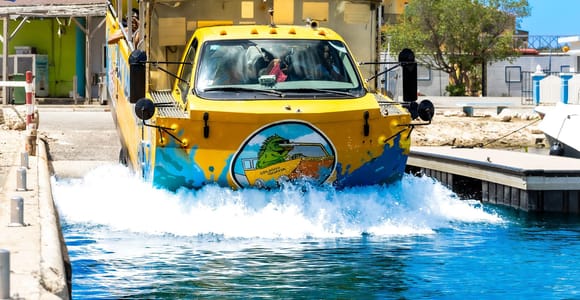 A yellow and blue amphibious bus driving off a concrete slipway into calm water, throwing up a wall of white spray, with pastel houses and palms behind it