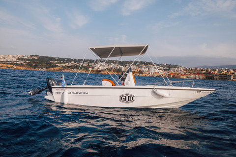 Crete: Almyrida Bay Self-Drive Boat Rental with Briefing Crete: SUNSET Almyrida Bay Self-Drive Boat Rental