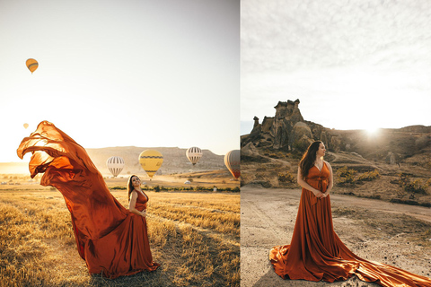 Cappadocia: Scatti fotografici con abiti volantiCappadocia: servizio fotografico all&#039;alba con abiti volanti