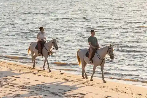 Ridning på stranden vid solnedgången