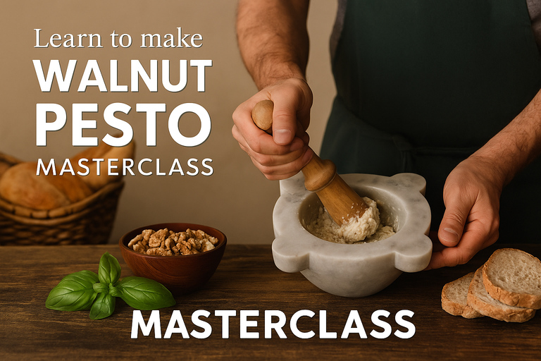 Walnut Pesto Mortar Masterclass with Pasta Tasting and Wine
